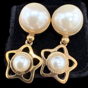 Celine Vintage Gold Plated and Pearl Star Earrings